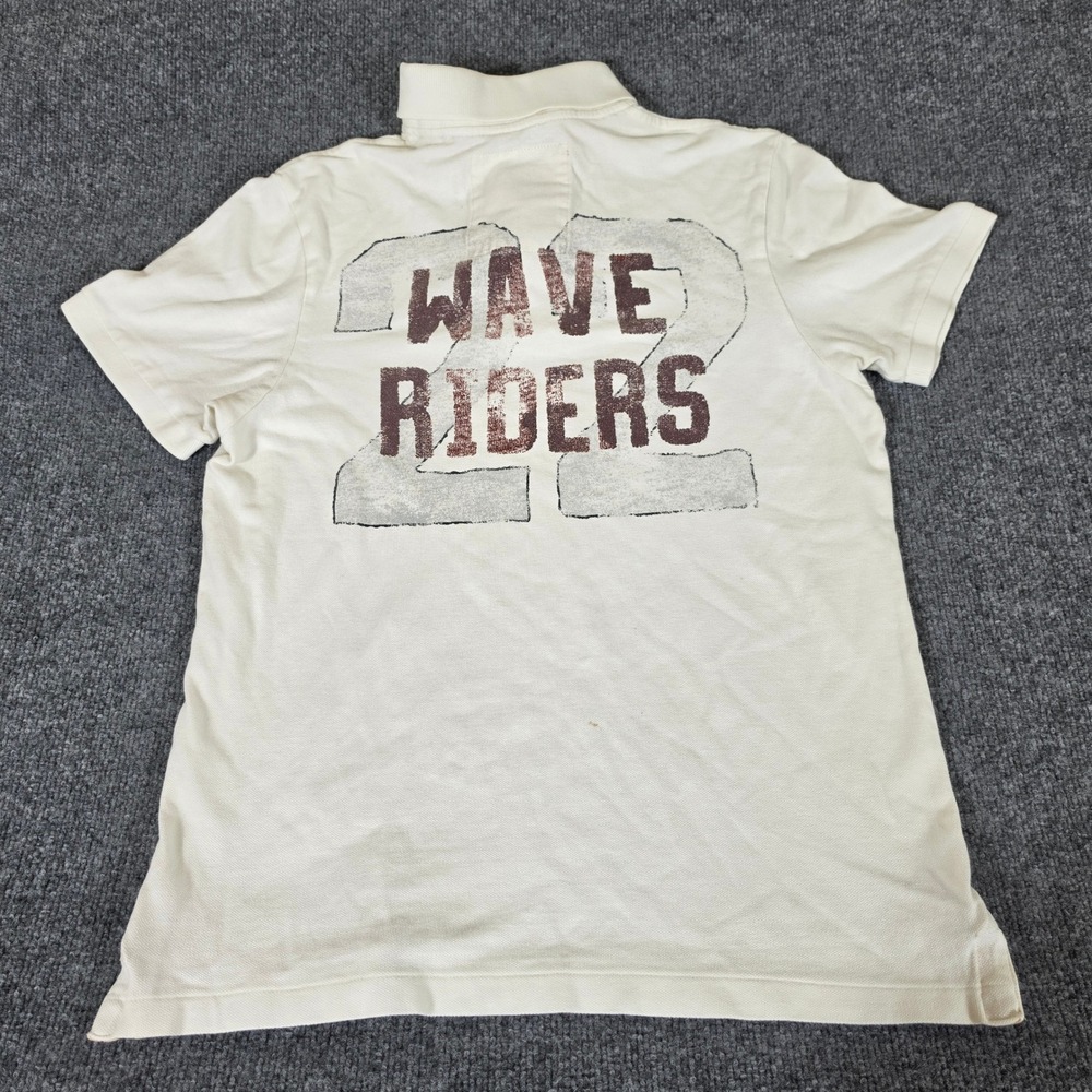 2000s Hollister Men L Polo Shirt Off White Wave Riders Graphic Distressed Surf